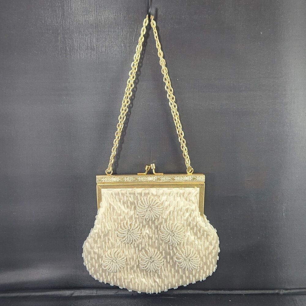 Hand Beaded Ivory Evening Bag Starburst Hong Kong Purse Great Condition VTG